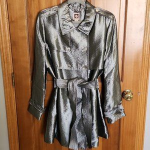 Anne Klein Classic Metallic Belted Trench Coat Jacket. Silver/Gray. Size XL